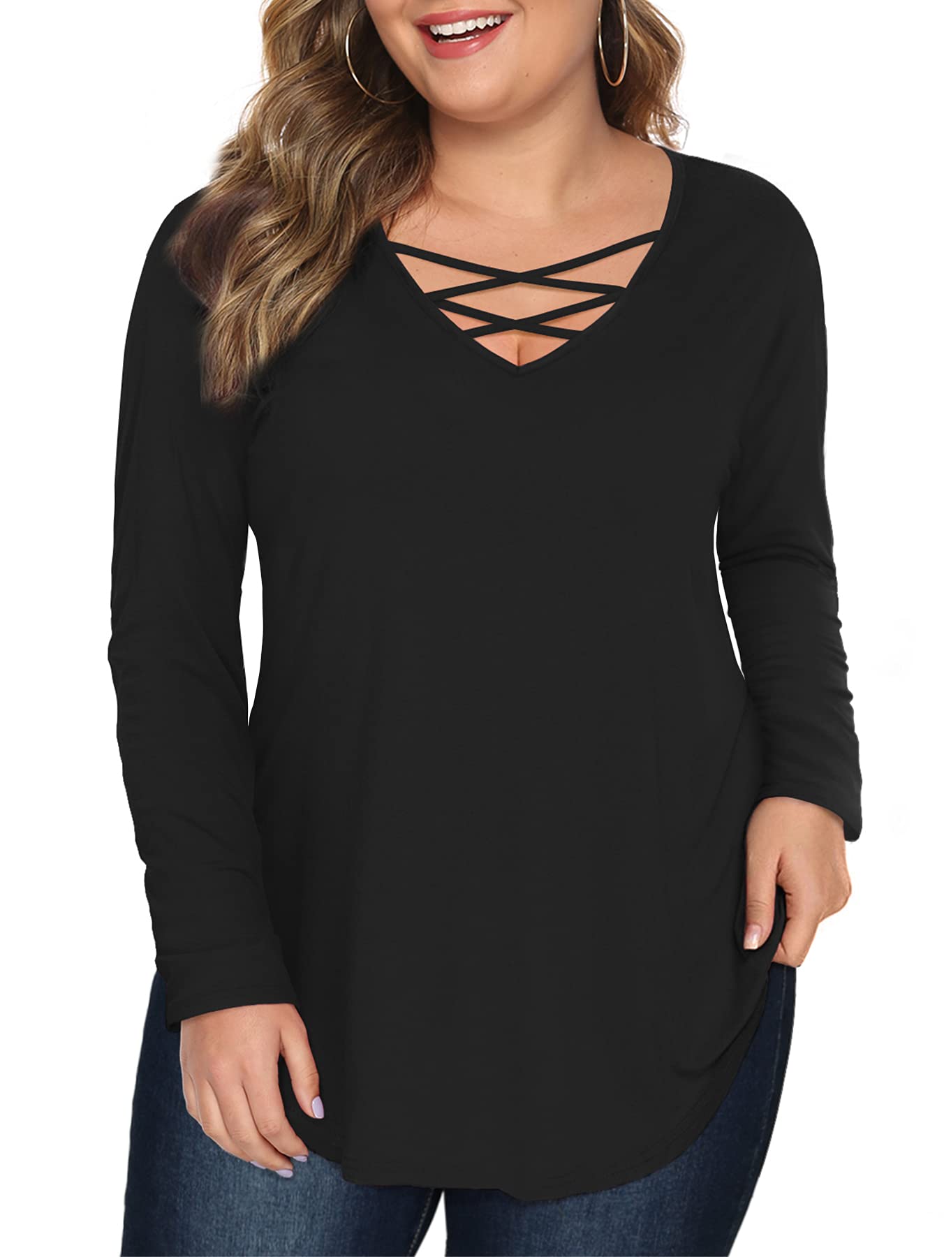 Women’s tops with long sleeve criss cross neck shirts