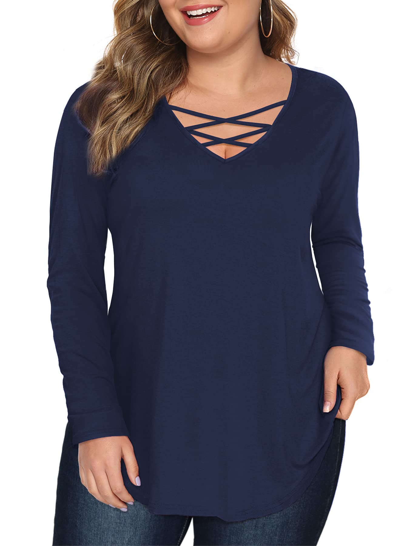 Women’s tops with long sleeve criss cross neck shirts