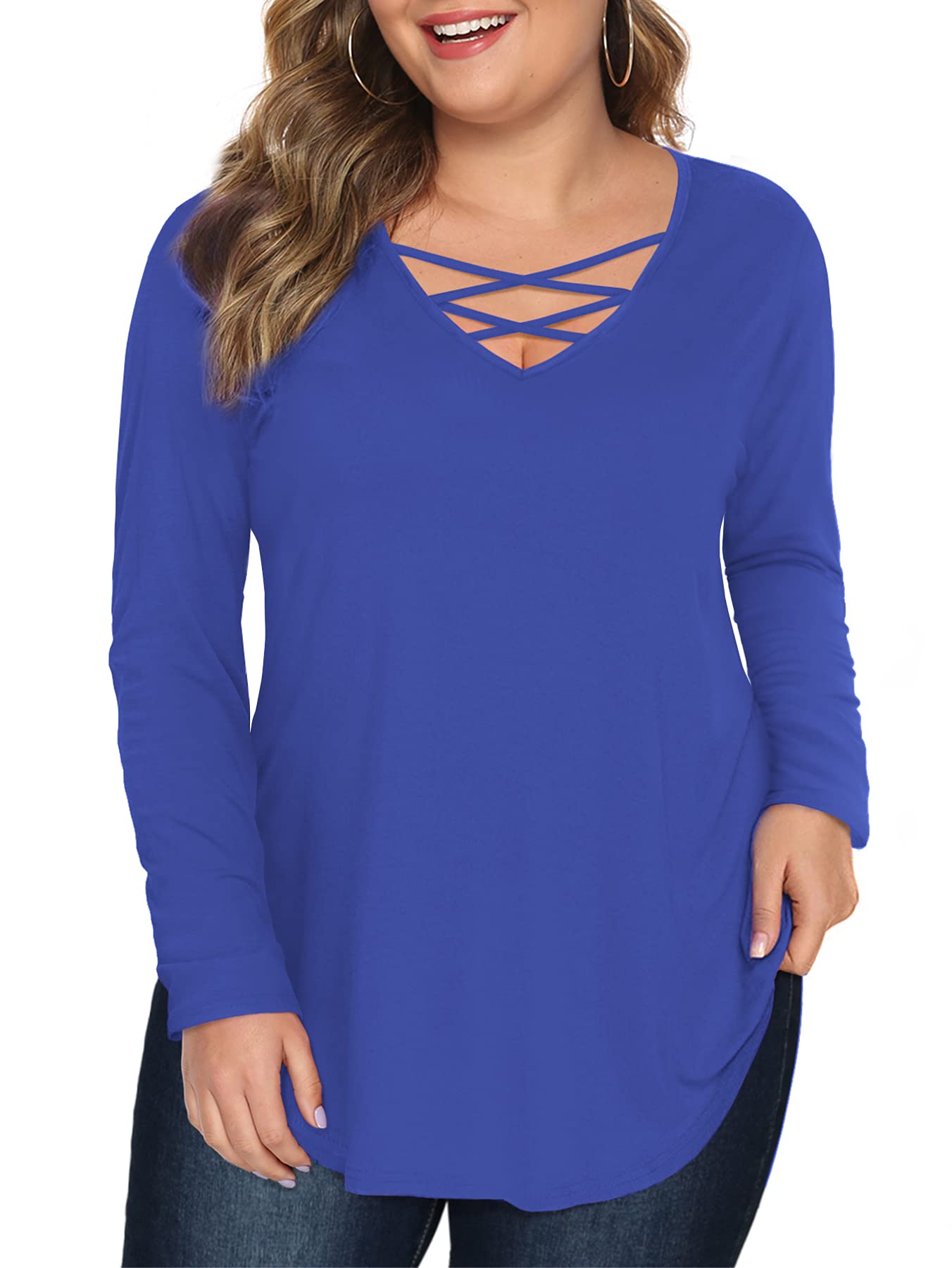 Women’s tops with long sleeve criss cross neck shirts