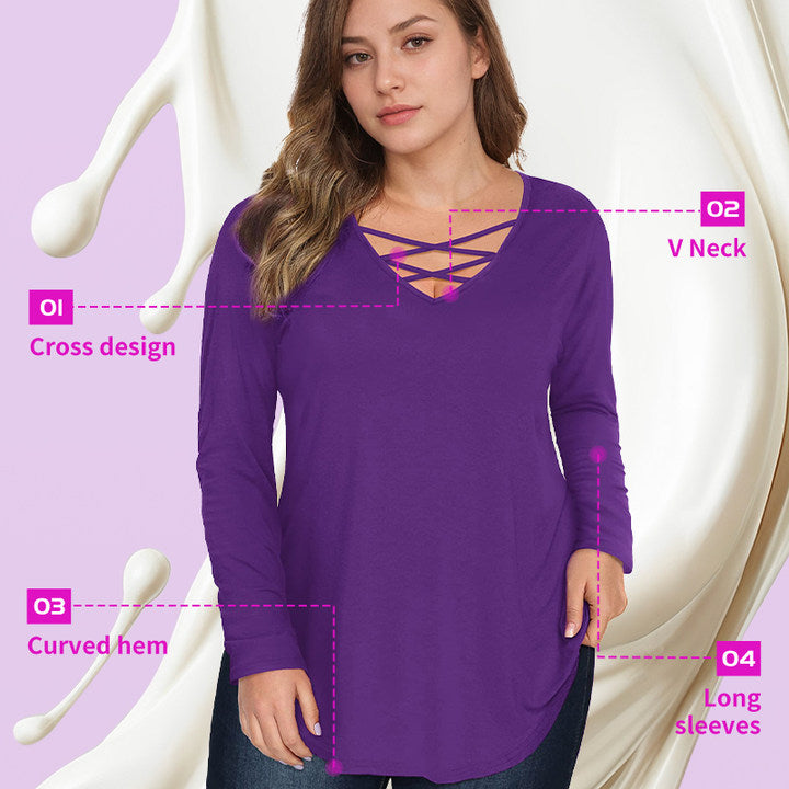 Women’s tops with long sleeve criss cross neck shirts